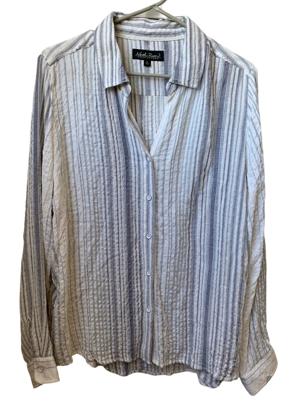 NORTH RIVER Cream Blue Stripe Cotton Blend Button Down Gauze Shirt Blouse